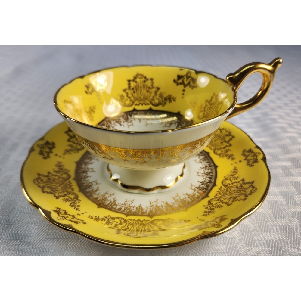 Antique 1891 Coalport Bone China Teacup & Saucer Yellow Heavily Gilded #6668